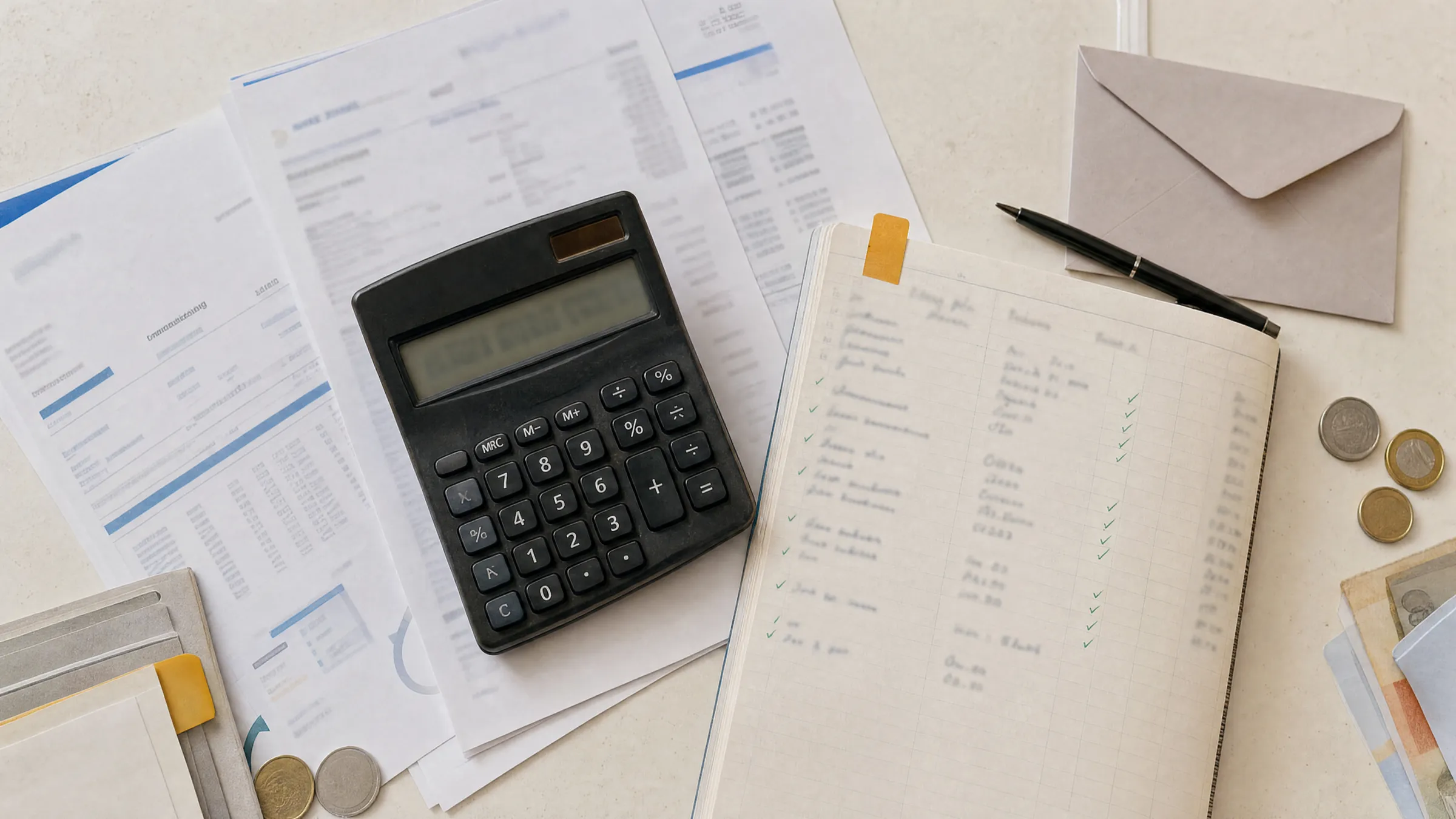 Carnet de coûts, calculatrice et documents bancaires anonymisés.