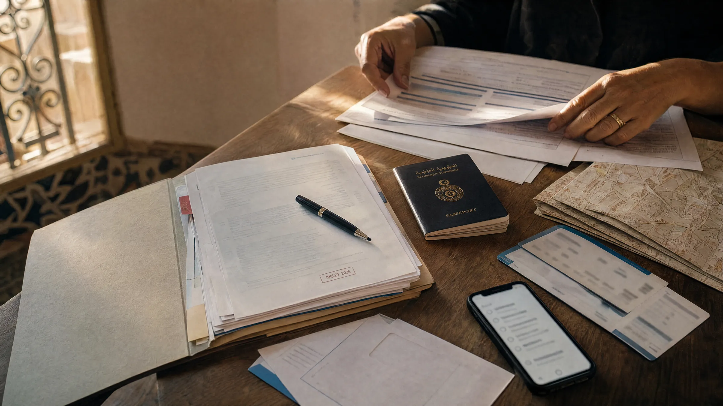 Table familiale à Tunis avec documents anonymisés, plan de Toulouse, checklist et clés.