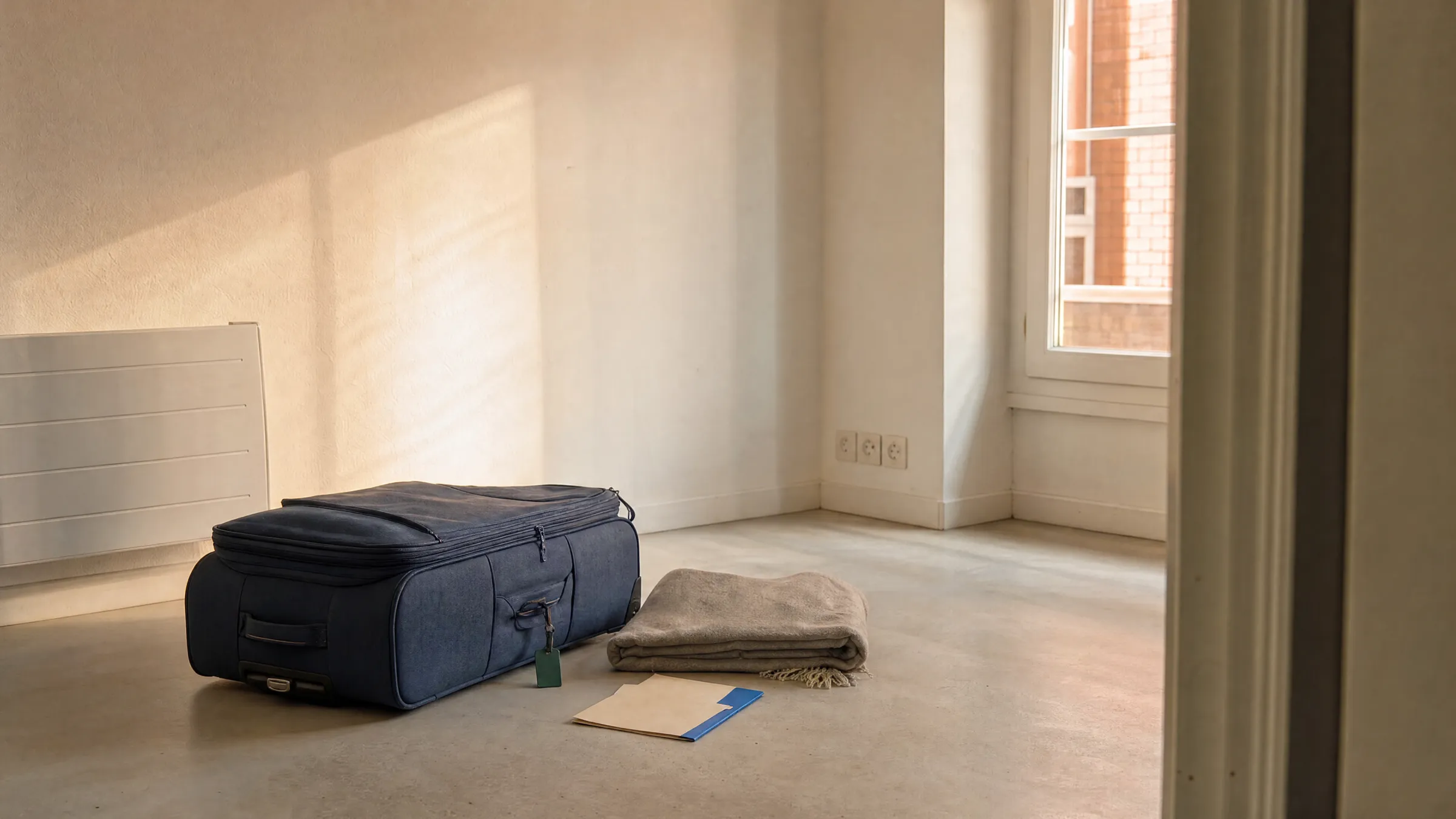 Valise dans un studio étudiant vide avec pochette de documents.