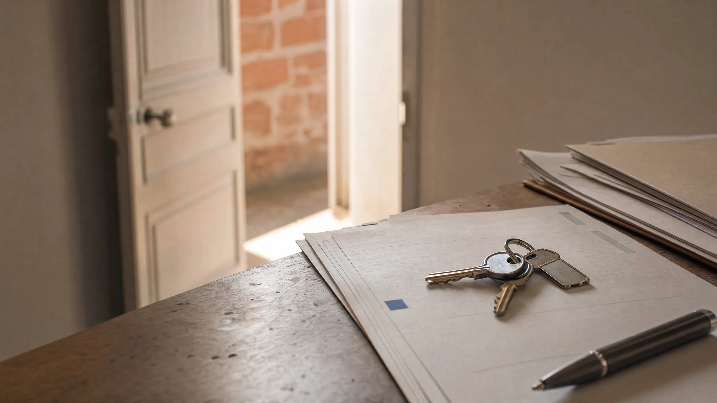 Clés et documents de bail anonymisés sur un bureau.