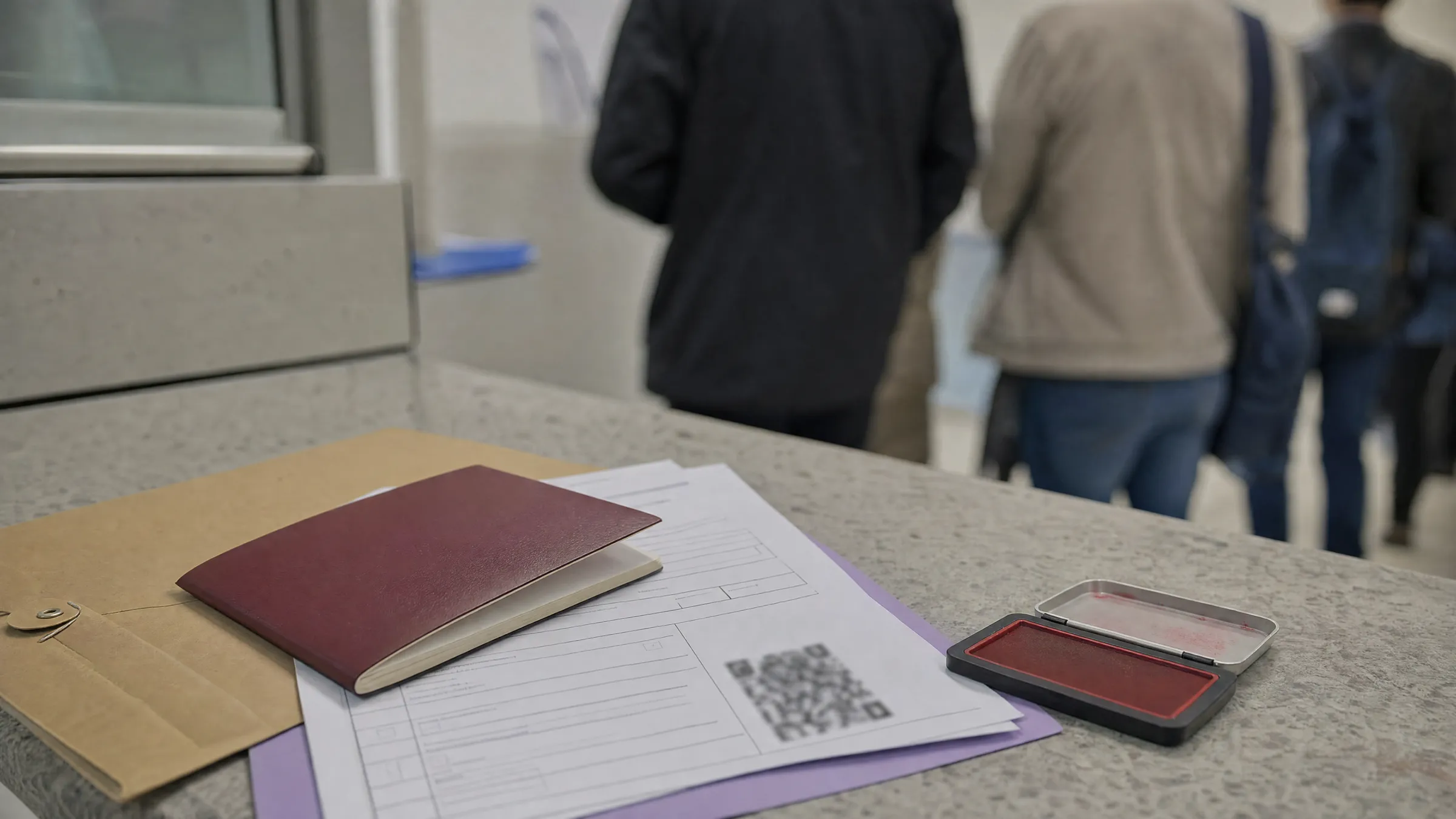 Pochette de documents visa anonymisés, formulaires et passeport fermé.